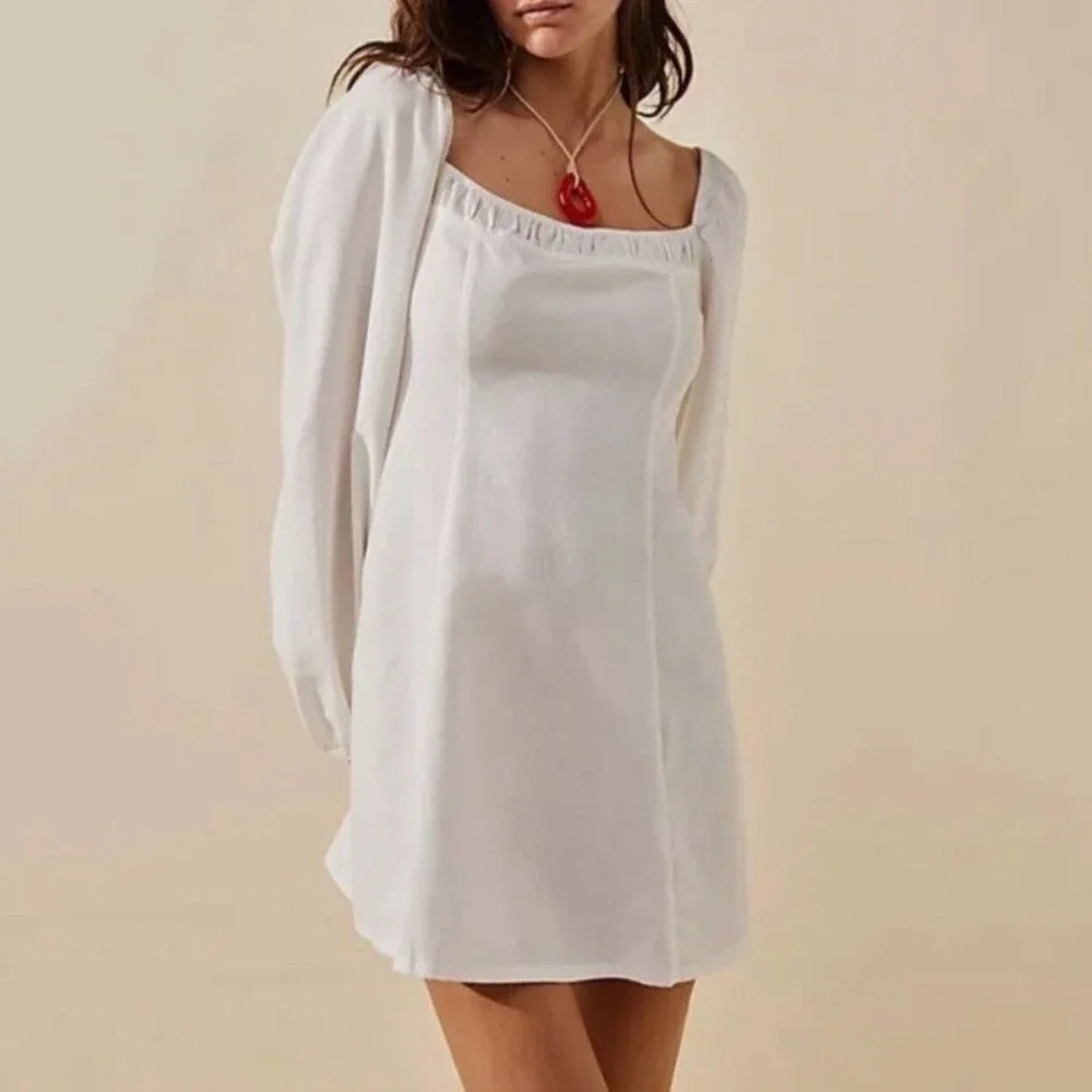 Free People White Cotton Linen Puff Sleeve Mini Dress Smocked Back Cottagecore M